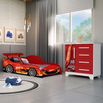 Conjunto Quarto Infantil Carros - Cama Solteiro com Proteção Lateral e Cômoda Mdf - Vermelho