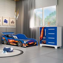 Conjunto Quarto Infantil Carros - Cama Solteiro Proteção Lateral com Colchão e Comoda Mdf - Azul