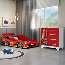 Conjunto Quarto Infantil Carros - Cama Solteiro Proteção Lateral com Colchão e Comoda Mdf - Vermelho