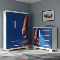 Conjunto Quarto Infantil Carros - Roupeiro e Cômoda Mdf - Azul Conjunto Quarto Infantil Carros - Roupeiro e Cômoda Mdf - Azul