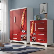 Conjunto Quarto Infantil Carros - Roupeiro e Cômoda Mdf - Vermelho Conjunto Quarto Infantil Carros - Roupeiro e Cômoda Mdf - Vermelho