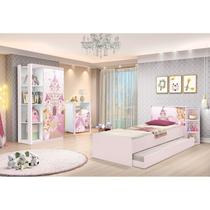 Conjunto Quarto Infantil Guarda Roupa 2 Portas Cômoda 3 Gavetas Lara e Cama Princesa