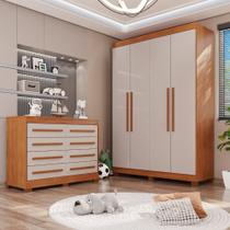 Conjunto Quarto Infantil Guarda-Roupa 4 Portas 3 Gavetas e Cômoda 8 Gavetas Alice Espresso Móveis Cinamomo / Off White