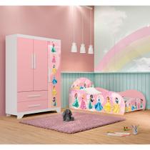 Conjunto Quarto Infantil Princesas Mdf - Cama Solteiro e Roupeiro - Rosa