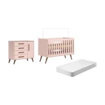 Conjunto Quarto Infantil Retro Berço e Comoda Rosa Bogota com Colchao