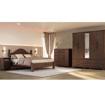 Conjunto Quarto Ouro Café: Guarda-Roupa 5 Portas, Cama Casal, Cômoda Sapateira e 2 Mesas Cabeceiras Madeira Pinus