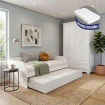 Conjunto Quarto Sofá-cama Duo + Guarda-roupa Paris Casal 4 Portas 2 Gavetas com 2 Colchões - Branco Conjunto Quarto Sofá-cama Duo + Guarda-roupa Paris Casal 4 Portas 2 Gavetas com 2 Colchões - Branco