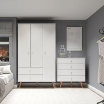 Conjunto Quarto Solteiro Retrô com Guarda-Roupa Cômoda Branca