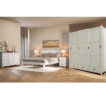 Conjunto Quarto Topázio Branco: Guarda-Roupa 3 Portas Correr, Cômoda, Cama Casal e 2 Mesas Cabeceiras