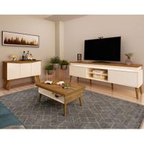 Conjunto Rack Lumina, Mesa De Centro Lucca e Buffet Oásis Artely Cor Pinho com Off White