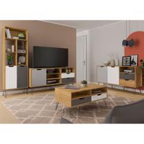 Conjunto Rack, Mesa De Centro, Estante e Buffet Estocolmo Artely Cor Carvalho/Grafite/Branco e Prata Conjunto Rack, Mesa De Centro, Estante e Buffet Estocolmo Artely Cor Carvalho/Grafite/Branco e Prata