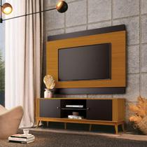 Conjunto Rack + Painel LEG Estilo Retrô 1,60m para TV Até 60'' Acabamento Ripado Tampo de 25mm Puxadores em ABS Cor Cedro/Preto