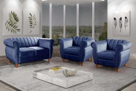 Conjunto Realeza Sofá com Poltronas Chesterfield Decoração Azul Marinho