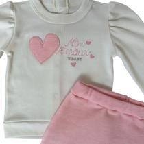 Conjunto Recém Nascido Calça Blusa Bebê Coração Bordado