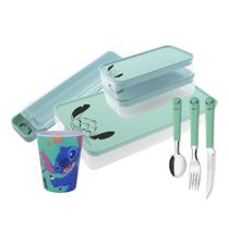 Conjunto Refeição Infantil Stitch Disney 8 Peças Estojo, Potes, Talheres e Copo