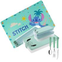 Conjunto Refeição Infantil Stitch Disney 8 Peças Estojo, Potes, Talheres e Jogo Americano