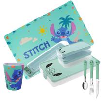 Conjunto Refeição Infantil Stitch Disney 9 Peças Estojo, Potes, Talheres, Copo e Jogo Americano