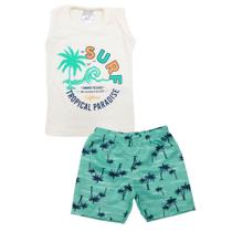 Conjunto Regata Bege com Bermuda Estampada Menino Surf Verão