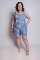 Conjunto Regata e Shorts Bordado Laise Estilo Jeans Azul Conjunto Regata e Shorts Bordado Laise Estilo Jeans Azul