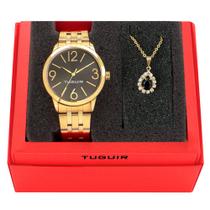 Conjunto Relógio Feminino Tuguir Analógico TG148-4C Dourado com Colar e Pingente