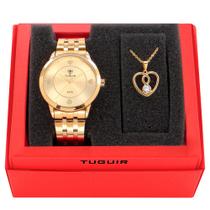 Conjunto Relógio Feminino Tuguir Analógico TG153 Dourado com Colar e Pingente
