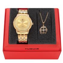Conjunto Relógio Feminino Tuguir Analógico W2122 Dourado com Colar e Pingente
