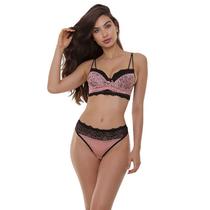 Conjunto Rendado Preto/Rosa Sepie 14308 Cropped