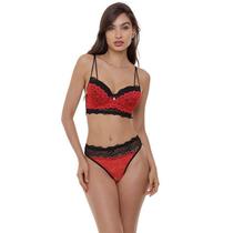 Conjunto Rendado Preto/Vermelho Sepie 14308 Cropped Conjunto Rendado Preto/Vermelho Sepie 14308 Cropped