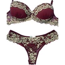 Conjunto Rendado Vinho Fio Duplo Lingerie Luxo Sensual