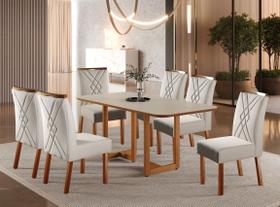 Conjunto Retangular Sala de Jantar 6 Cadeiras - Tampo 100% MDF e Vidro Off White - Madeira Maciça