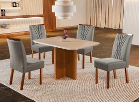 Conjunto Retangular Sala de Jantar Mesa 04 Cadeiras - Tampo 100% MDF e Vidro Off White - Estrutura Madeira Maciça