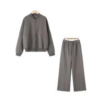Conjunto Retro Feminino De 2 Peças Jaqueta Bomber Com Zíper E Calças De Cintura Alta De Pernas
