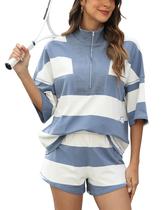 Conjunto retrô feminino Outfit IQSQSQ de algodão com meio zíper azul, cinza-L