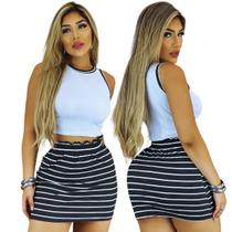 Conjunto Ribana Feminino Blusa e Saia Listrada Cintura Alta Com Elástico Tecido Algodão