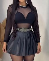 Conjunto Rodeio Body Tule, Saia Plissada Couro, Cropped Cirrê