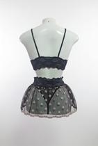 Conjunto Romantic Top em Renda e Saia Transparente com Bordado de Corações Tamanho:MCor:Preto