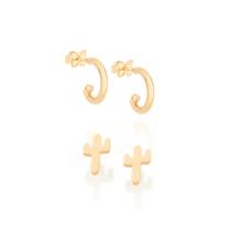 Conjunto rommanel brincos banhado ouro 3x 24k 18k e 22k femininos segundo furo cacto argolinhas 526431