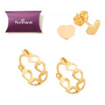 Conjunto rommanel kit 2 brincos banhado ouro 3x 24k 18k e 22k femininos coração primeiro e segundo furo 522928 523351