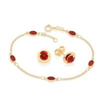 Conjunto Rommanel pulseira brinco pedra cristal vermelho 524473 551614