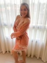 Conjunto rose de camisola+robe de liganete e renda bicolor