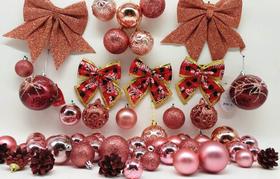 Conjunto rose gold decoração natal bolas laços pinhas - 71 itens
