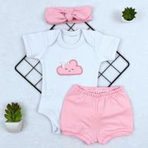 Conjunto Roupa Bebê Menina Body Básico Liso Manga Curta e Short Tapa Fralda Verão c20399