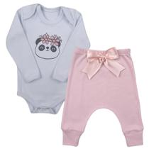 Conjunto Roupa Bebê Menina Body Panda Flor e Calça Mijão Culote com Laço