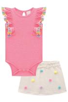 Conjunto Roupa Body Em Malha Wave Manga Curta + Shorts Saia Moletom Sem Pelúcia Verão Kukiê