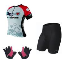 conjunto roupa de ciclismo penks feminino bike love (camisa, bermuda e luva)