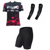 conjunto roupa de ciclismo penks feminino bike love (camisa, bermuda e manguito)