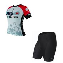 conjunto roupa de ciclismo penks feminino bike love (camisa e bermuda)