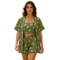 Conjunto Roupa Feminina Casual 3 Peças Kimono Curto Cropped e Shorts Floral Verde - Portal Modas