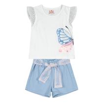 Conjunto Roupa Infantil Brandili Menina Blusa Manga Curta Estampa Borboleta + Short Confortável