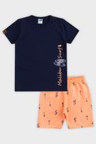 Conjunto Roupa Infantil Masculino Blusa Manga Curta + Bermuda Estampa Surf Moda Verão Marlan